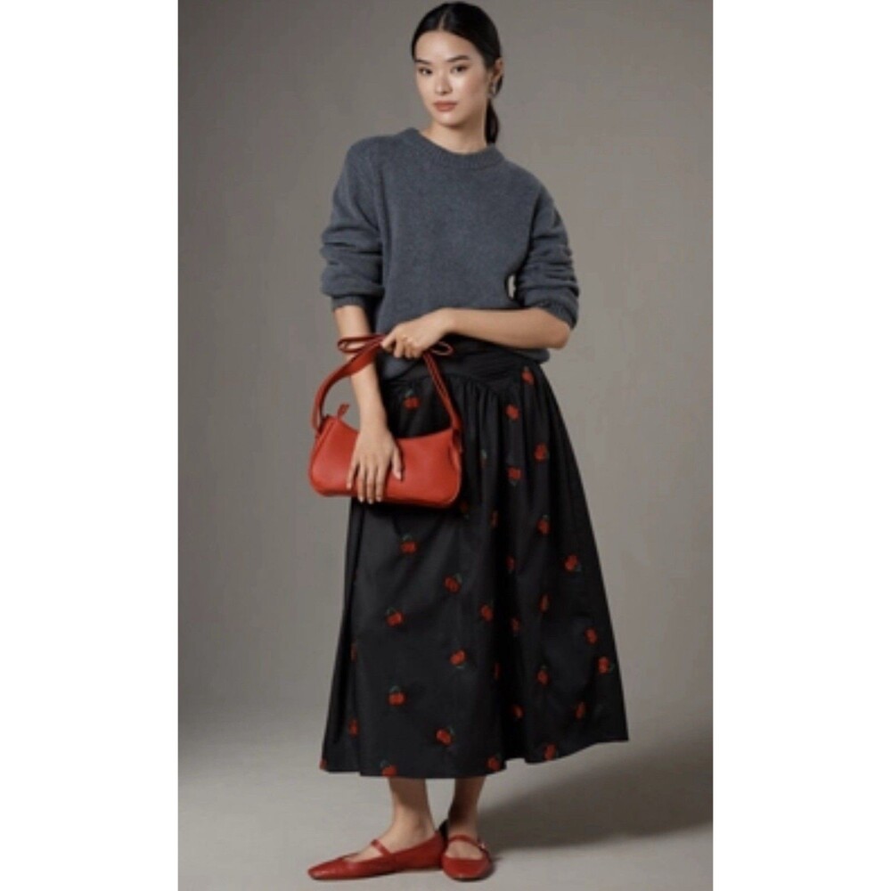Anthropologie Avec Les Filles Midi Skirt Cherry Appliqué Full Preppy Large NWT